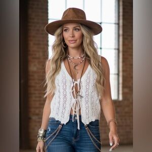 Promesa Crochet Knit Festival Tank Top Tie Front Taupe Vest Blouse